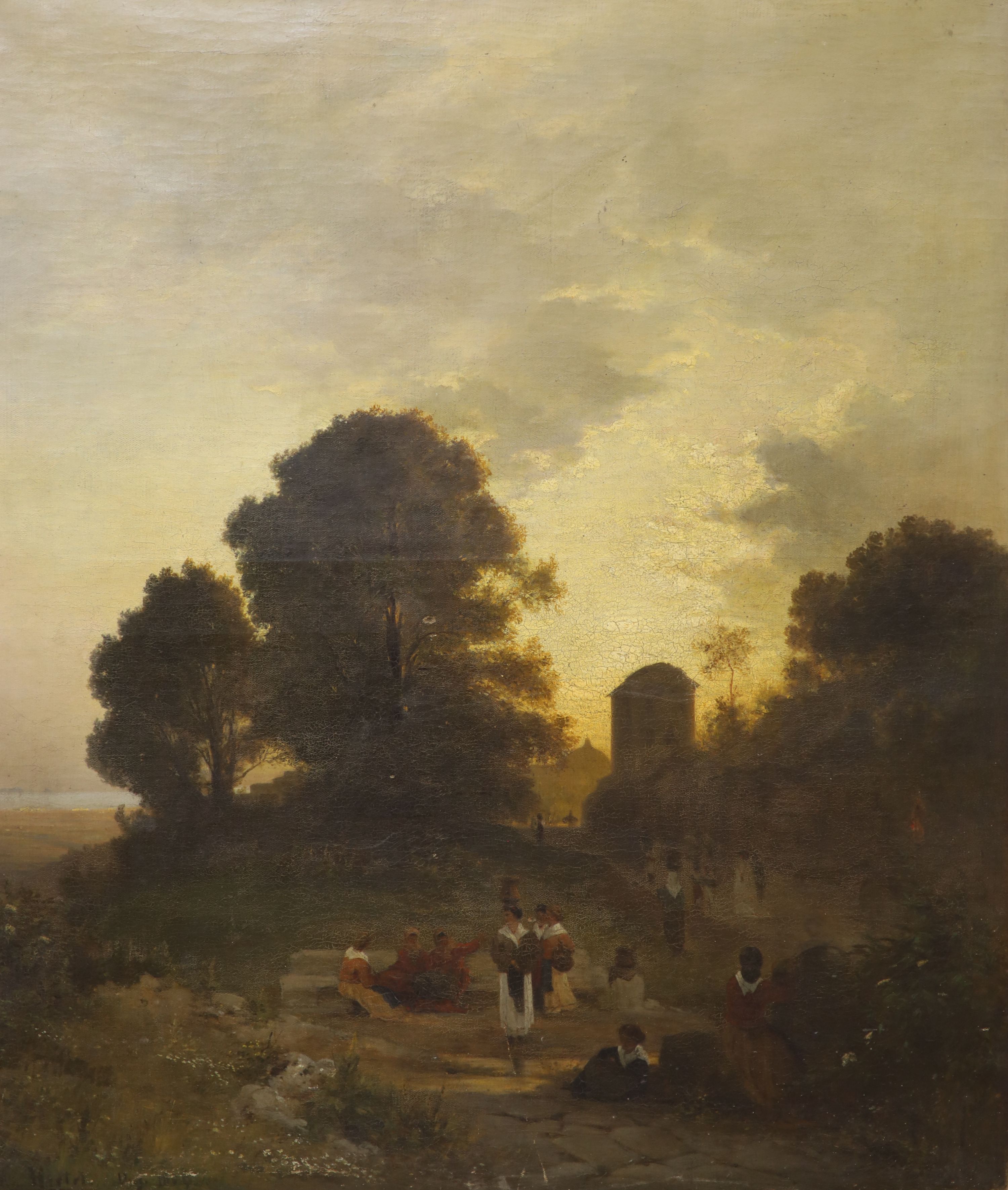 French School, 1864, oil on canvas, Water carriers at sunset, indistinctly signed Hertel? and dated 1864, 110 x 96cm, unframed
